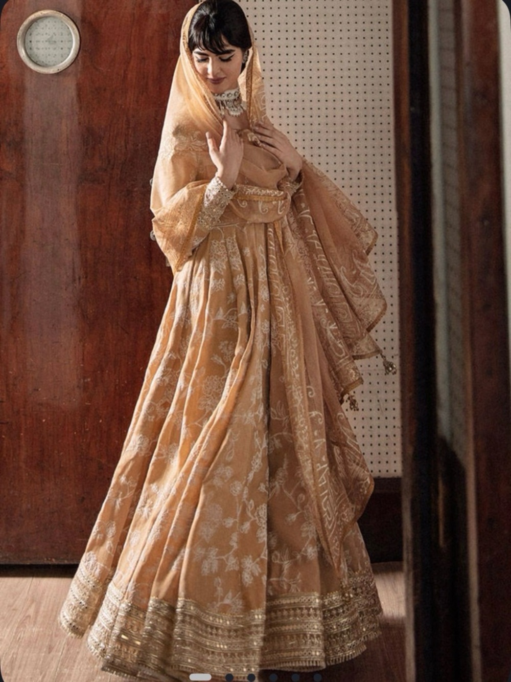 Embroidered Long-Sleeve Anarkali Dress in Warm Beige